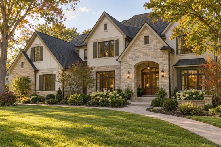 AI-generated exterior inspiration with light siding, dark accents and an arched stone entrance