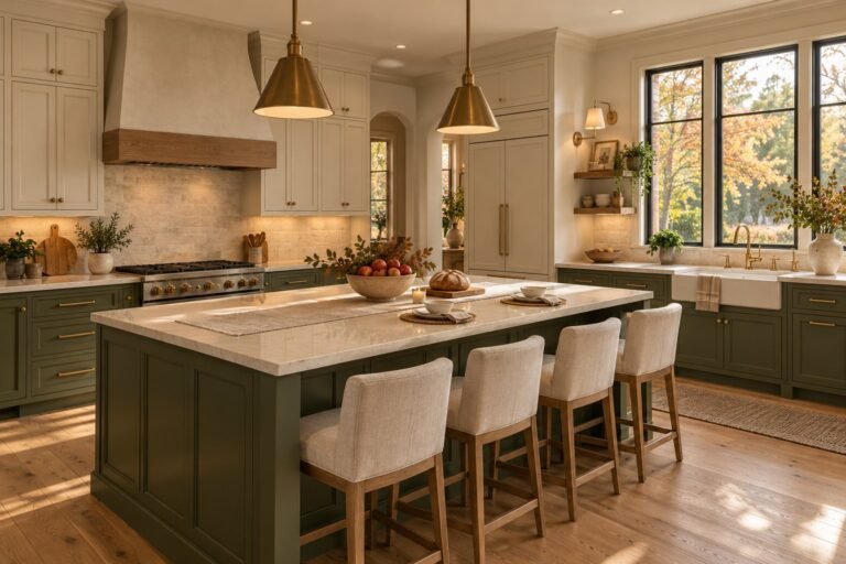 AI-generated kitchen inspiration with green painted cabinets, warm ivory accents and a family gathering island